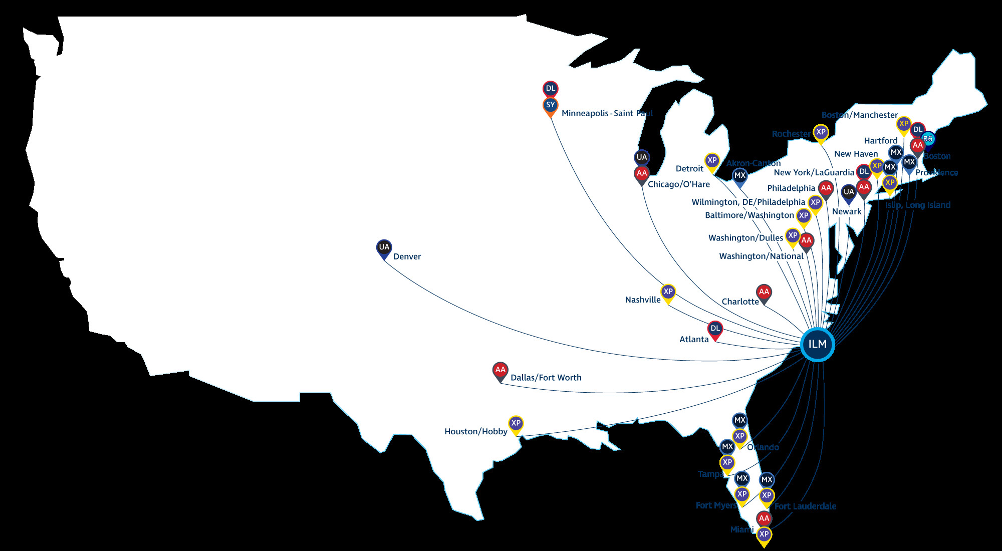 Route Map of United States with Nonstop Flight Destinations from ILM