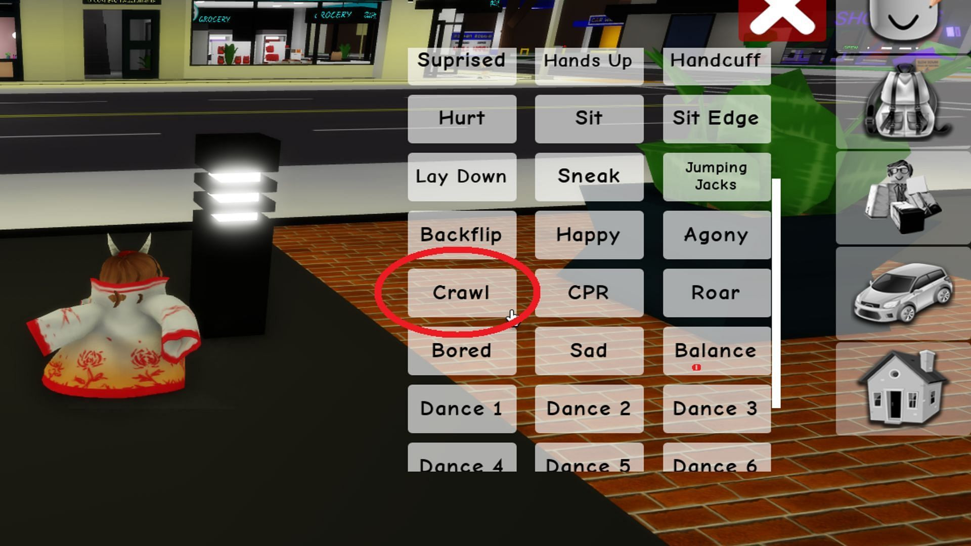 Animation menu with the crawl animation selected