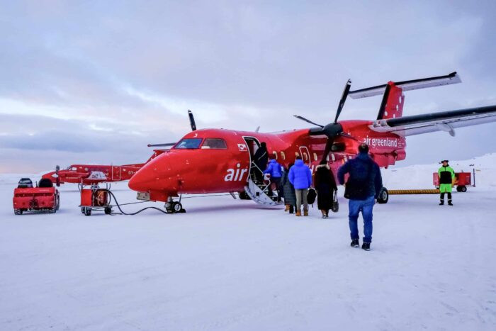Air Greenland plane in Ilulissat, Greenland, showcasing transportation options