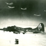Group of B-17 Flying Fortresses dropping bombs, illustrating their role in strategic bombing missions during World War II