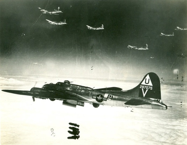 Group of B-17 Flying Fortresses dropping bombs, illustrating their role in strategic bombing missions during World War II