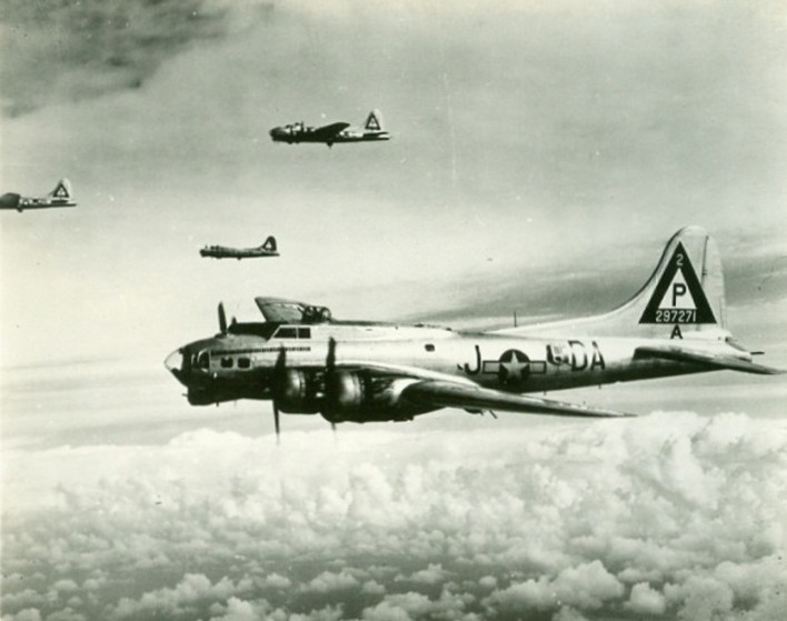 Four B-17 Flying Fortresses, showcasing their technological innovations, such as turbochargers and defensive armament
