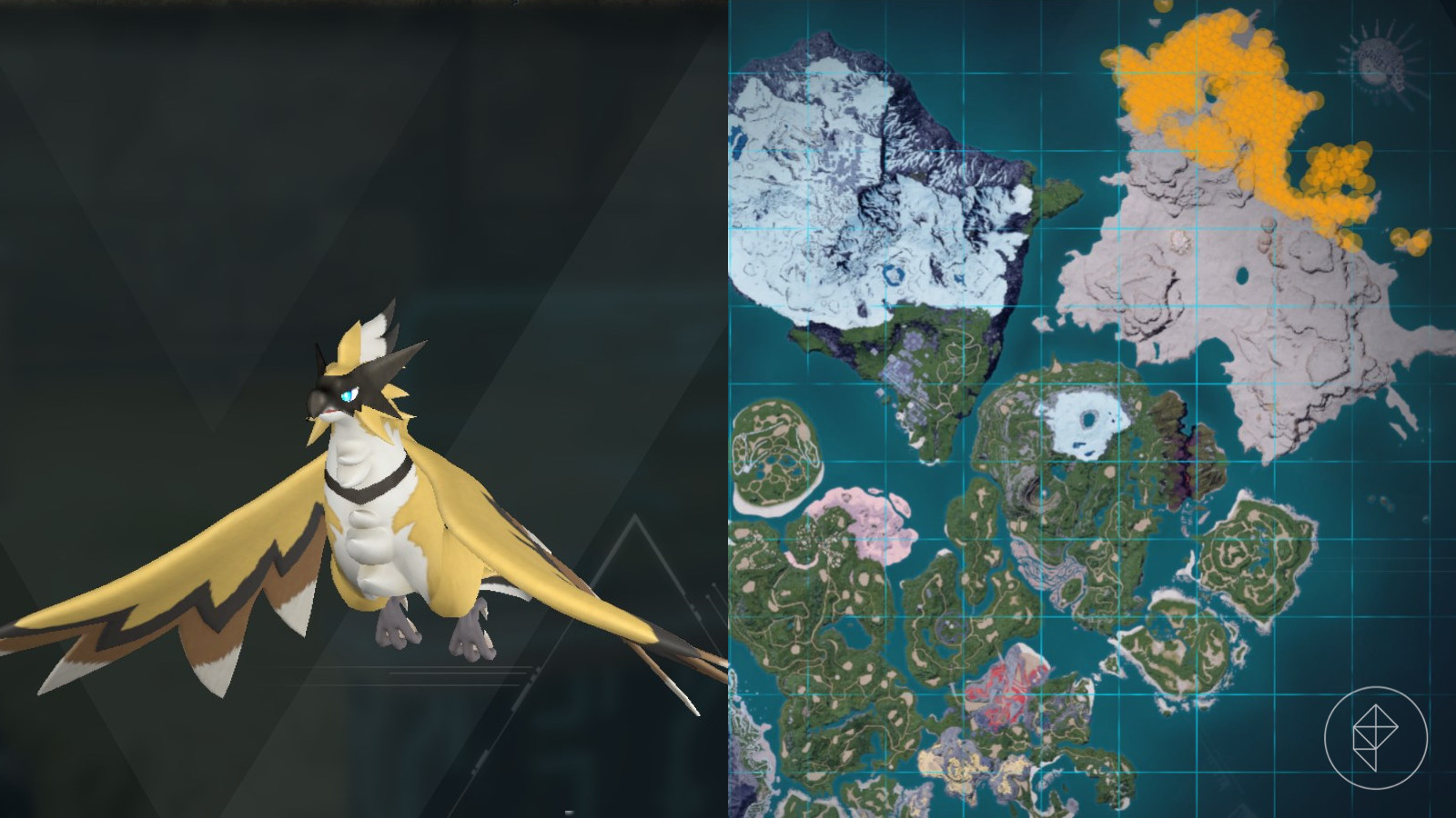 Beakon location marked on the map of Palworld with orange dots, showing common areas for this flying mount.