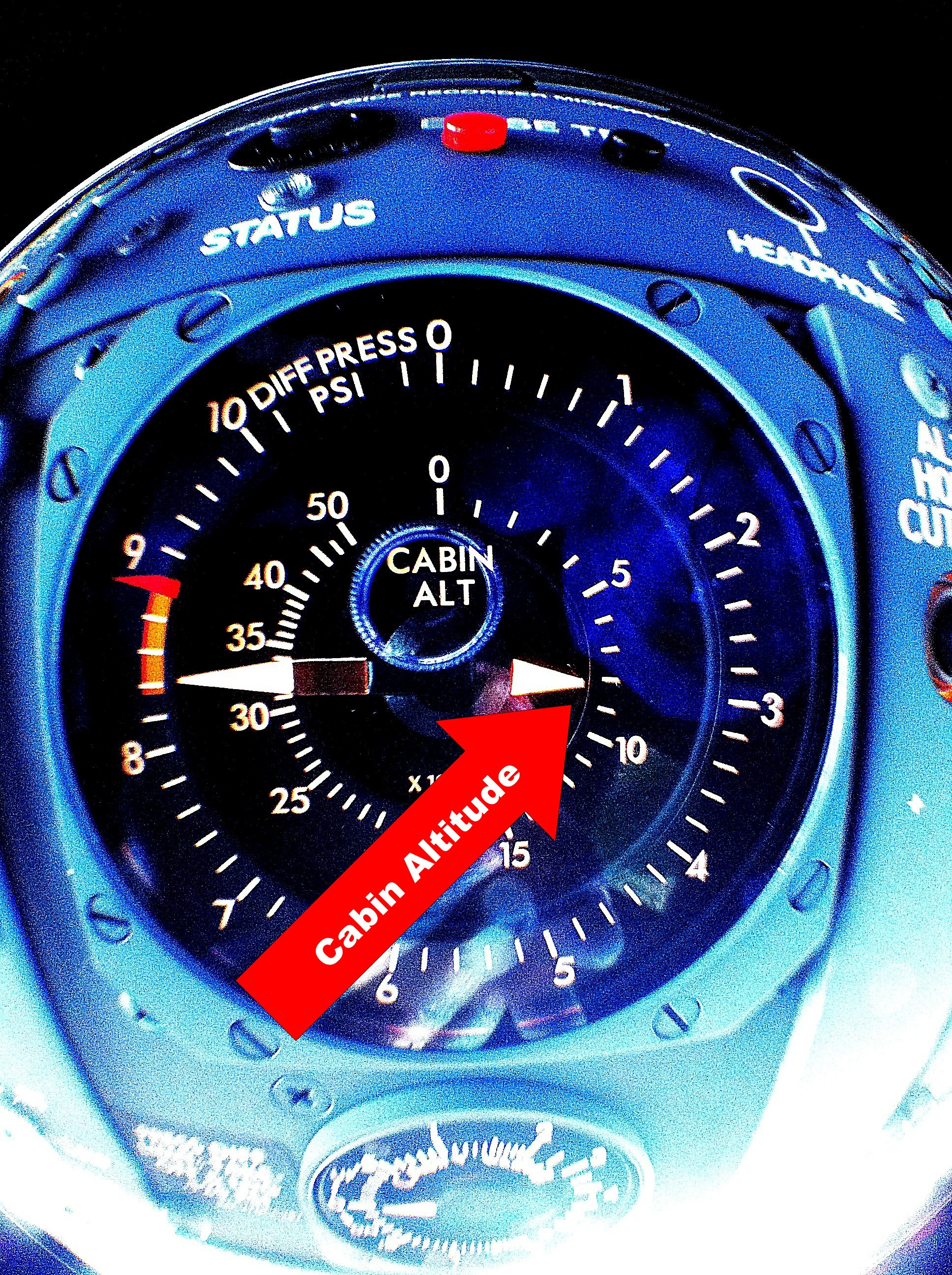 Aircraft pressurization gauge showing cabin altitude