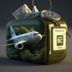A green bag with a plane inside it holding nicotine pouches to represent the idea of biringing nicotine pouches on a plane
