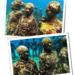 A ring of sculptures depicting stone people standing in a ring in an underwater scene in Grenada