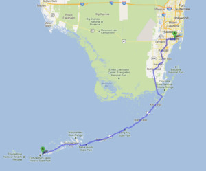 Road map highlighting the driving route from Miami to Key West