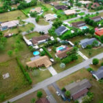 Drone flying over a suburban neighborhood
