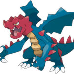 Druddigon artwork by Ken Sugimori. The Dragon type pokemon is standing with its wings spread, ready to absorb sunlight
