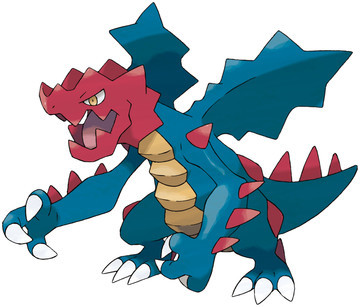 Druddigon artwork by Ken Sugimori. The Dragon type pokemon is standing with its wings spread, ready to absorb sunlight