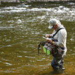 Tim Flagler changes his fly while fishing for bass