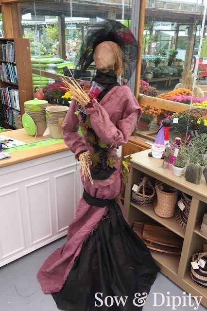Dress the scarecrow in old clothes or fabric scraps, like this fashionista scarecrow made out of landscape fabric and dyed burlap