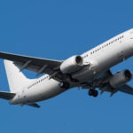 Commercial airplane flying at takeoff speed