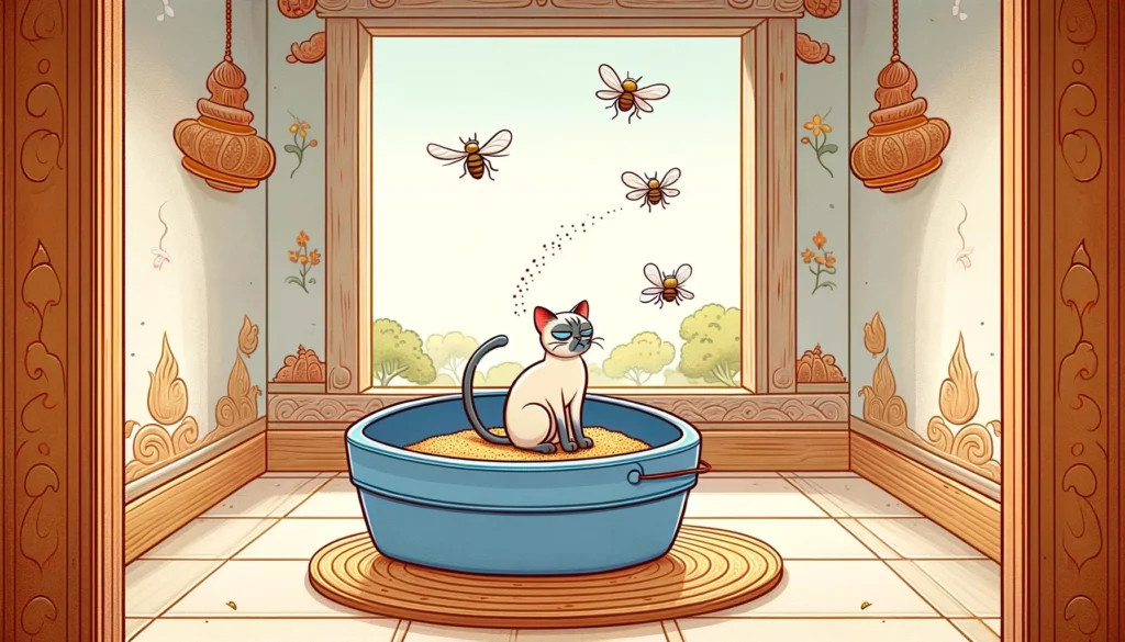 Flies swarming around a cat's litter box, depicted with a classical artistic flair, highlighting the issue of flies attracted to unclean pet areas.