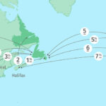 Map showing flight routes from various cities in Canada (Calgary/Edmonton, Ottawa, Toronto, Montreal, Halifax) to European cities (Paris, Dublin, London, Frankfurt) with travel hours indicated on each route.