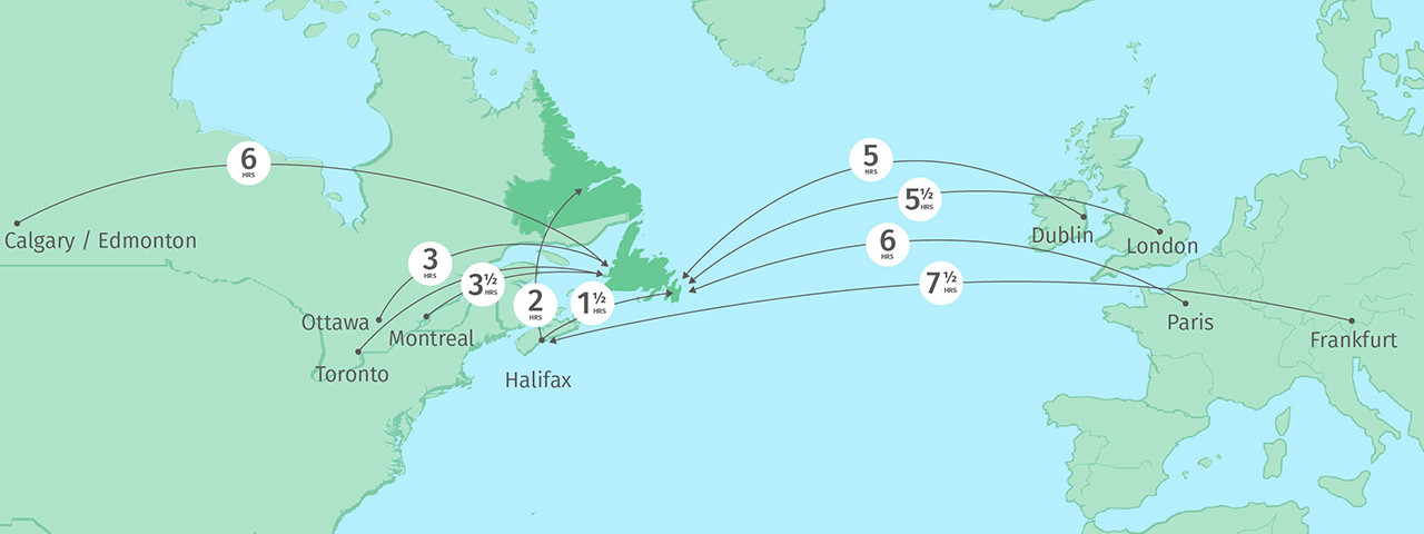 Map showing flight routes from various cities in Canada (Calgary/Edmonton, Ottawa, Toronto, Montreal, Halifax) to European cities (Paris, Dublin, London, Frankfurt) with travel hours indicated on each route.