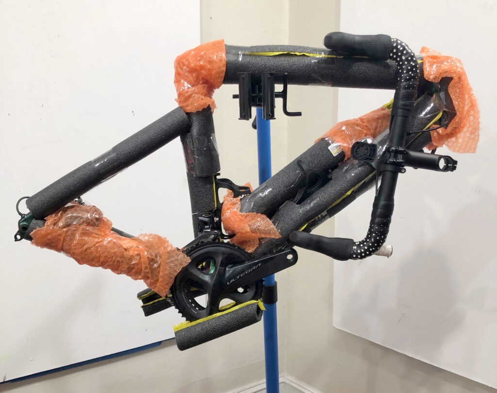The author’s Specialized Tarmac SL6, prepared for travel