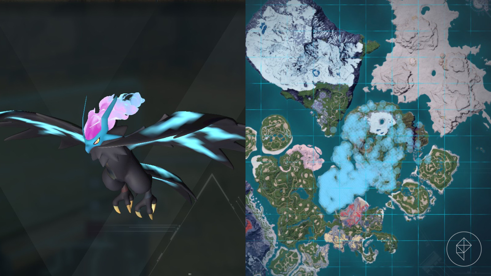 Helzephyr location marked on the map of Palworld with light blue dots indicating dark-type habitats.