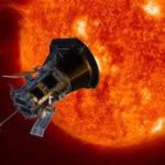 graphic illustration of the probe approaching a fiery orange sun against a black background of space.
