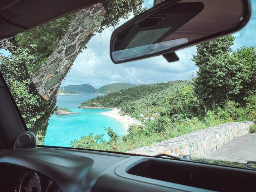 View of Trunk Bay from rental car at North Shore overlook
