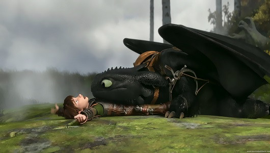 Hiccup and Toothless soaring through the clouds
