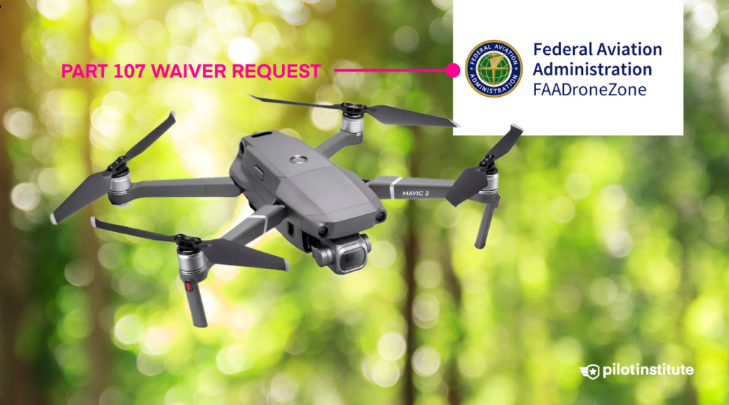 Drone with overlay text emphasizing that waiver requests should be submitted via the FAA DroneZone website, highlighting the importance of compliance and the resources available.