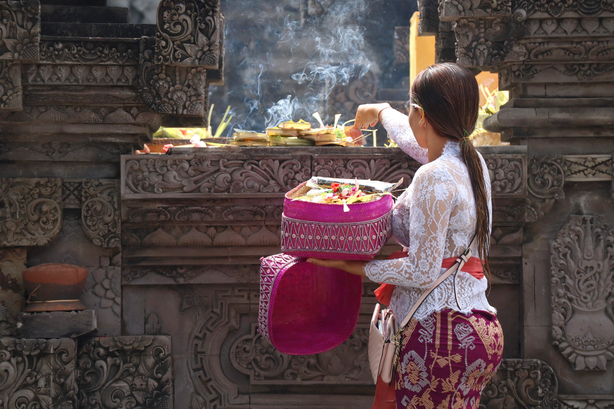 Offerings Balinese temple Tirta Empul Ubud Bali