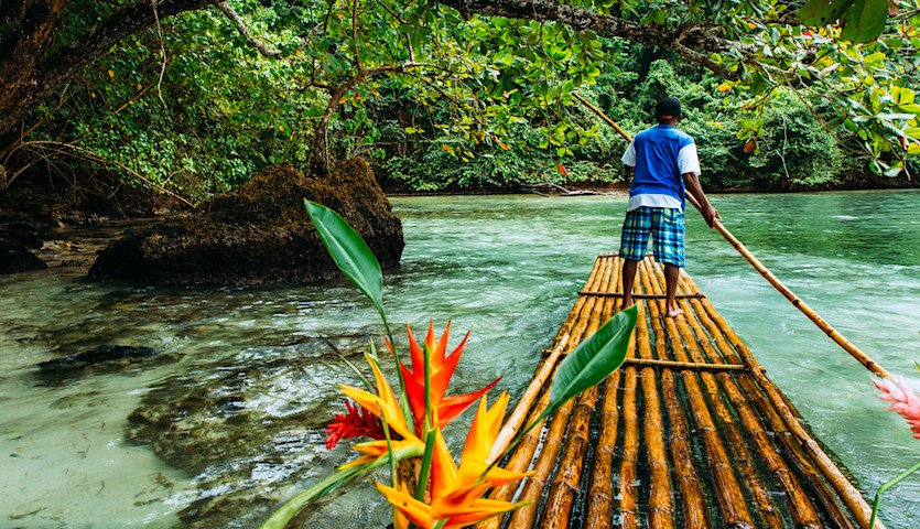 Bamboo ride in blue lagoon in Jamaica