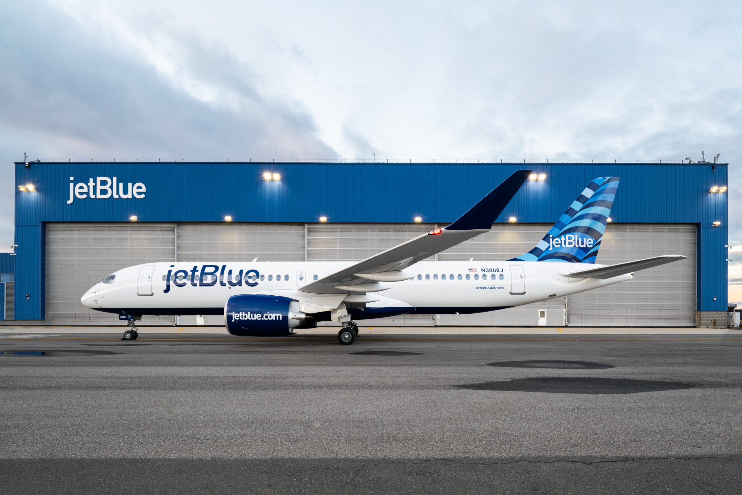 JetBlue A220 at Hangar