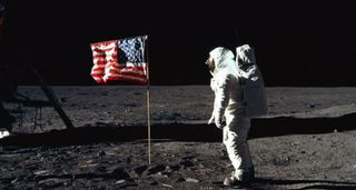 Buzz Aldrin salutes the American flag on the Moon, Apollo 11 mission