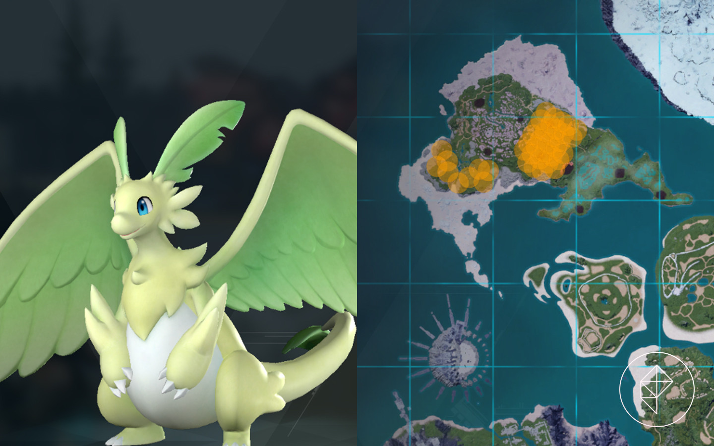 A Quivern Botan and where to find it in Palworld, featuring the dragon/grass Pal in its habitat.