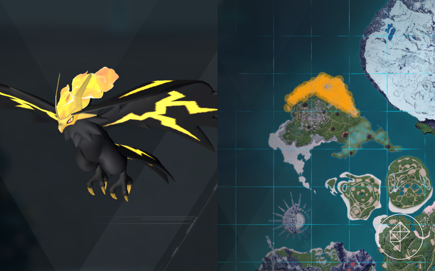 A Helzephyr Lux and where to find it in Palworld, showcasing its electric/dark typing.