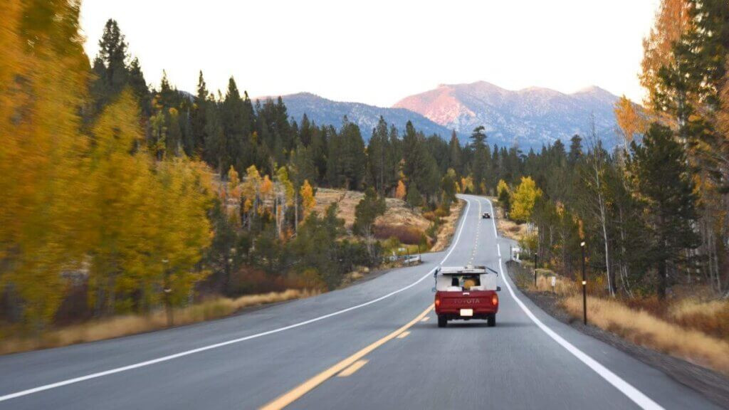 Road winding through the Sierra Nevada mountains towards Lake Tahoe
