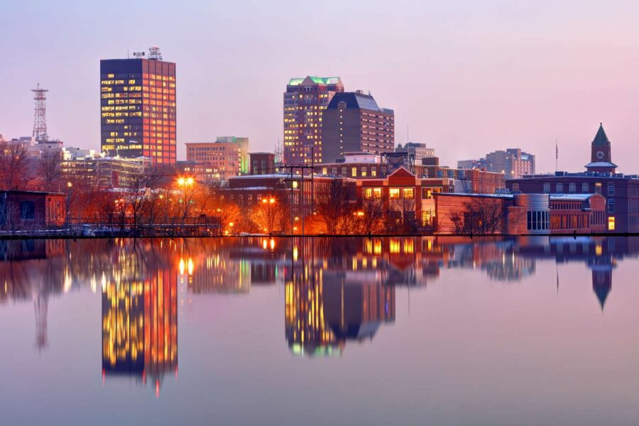 Evening skyline in Manchester, New Hampshire USA