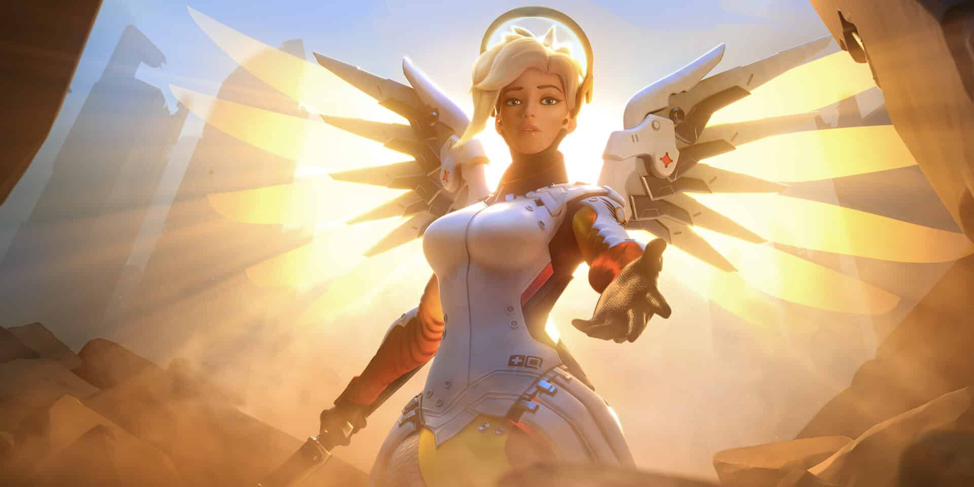 Mercy gliding with Angelic Descent, demonstrating her controlled descent.