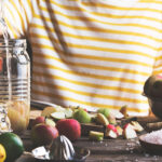 Homemade apple cider vinegar fly trap with apples and sea salt