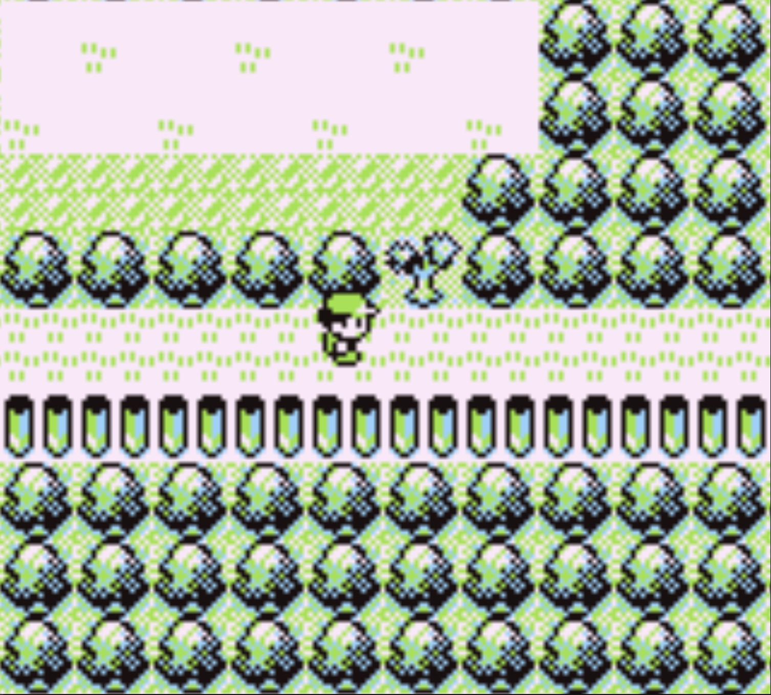 Red standing next to the tree that blocks the location of HM 02 Fly in Pokemon Red