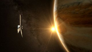 Artist's depiction of a spacecraft orbiting Jupiter
