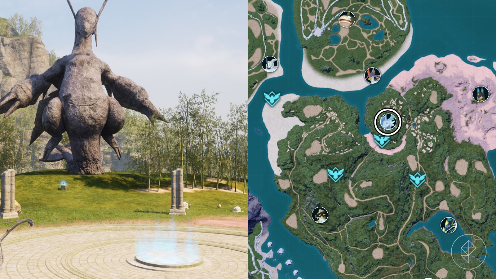 Quivern Alpha Boss location marked on the Palworld map by a circled portrait, revealing where to challenge the boss.