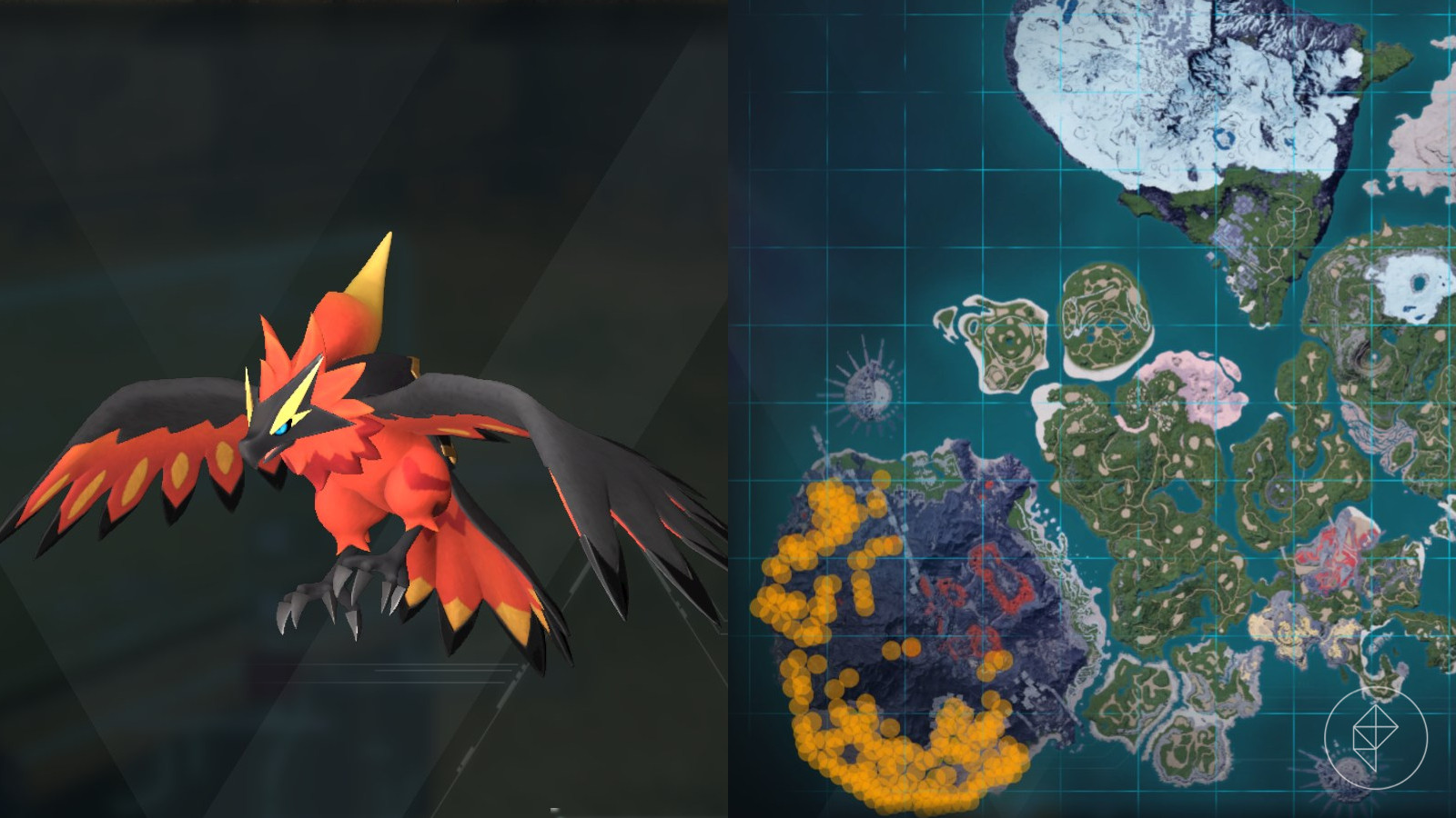 Ragnahawk location marked on the map of Palworld with orange dots, showcasing the fire-type's habitat.