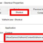 Valheim cheats — a screenshot of the Software properties window for the Valheim executable, with important sections highlighted