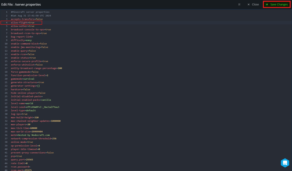Minecraft server settings
