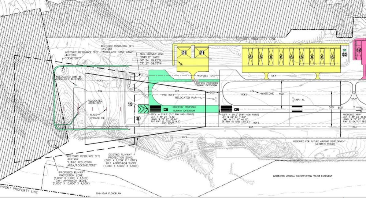 Blueprint for the Stafford Regional Airport runway extension, showing the planned additional length.