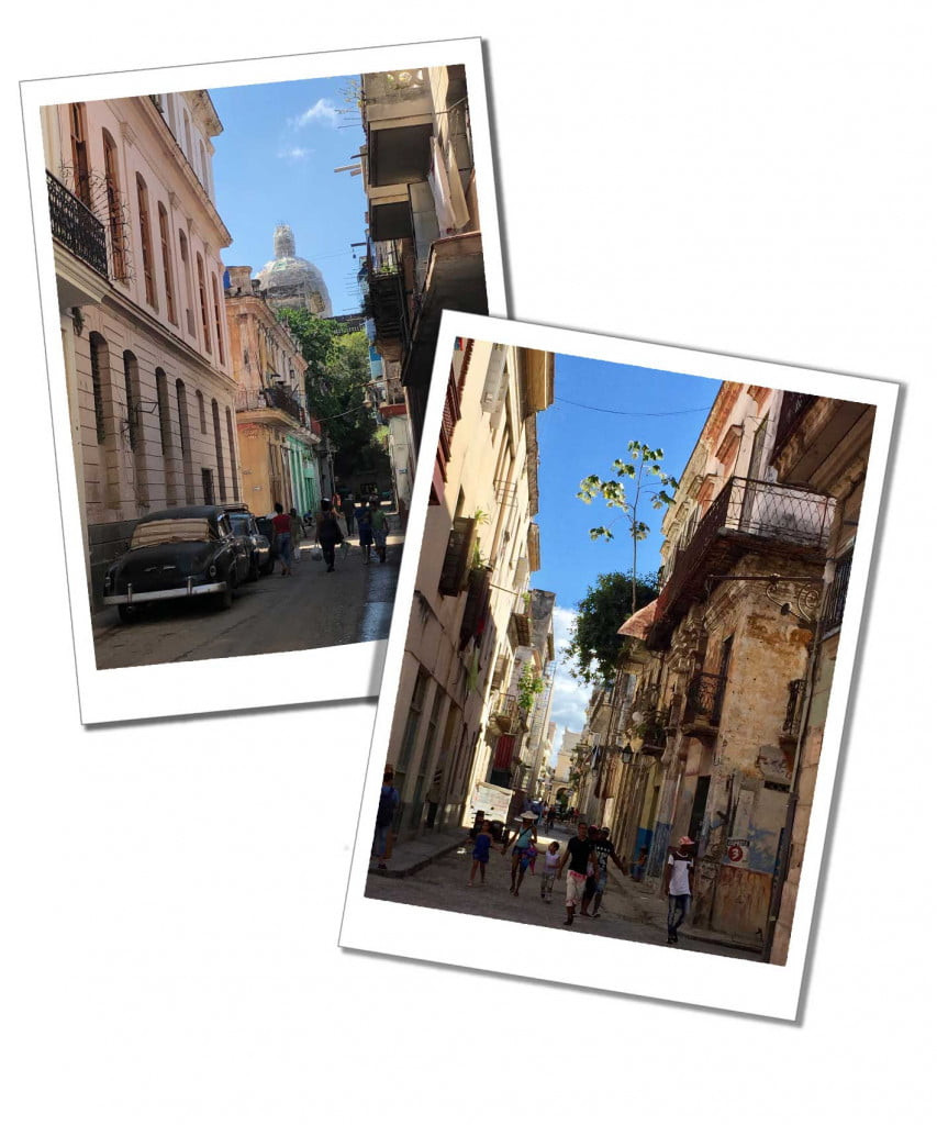 2 views of the thin vibrant streets of Havana in Cuba, with people and vintage cars going about their day