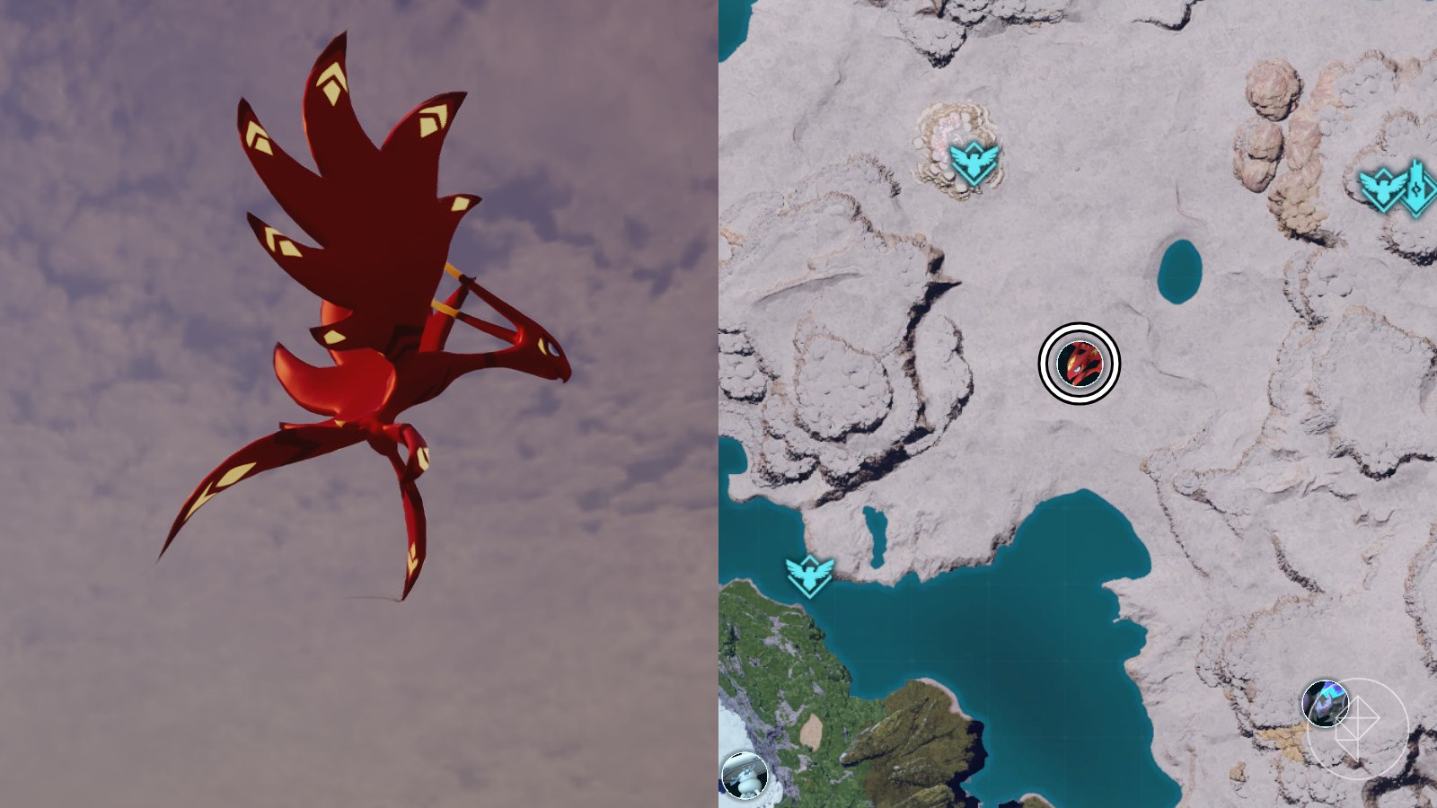 Suzaku Alpha Boss marked on the Palworld map by a circled portrait, indicating where to challenge this fire-type boss.
