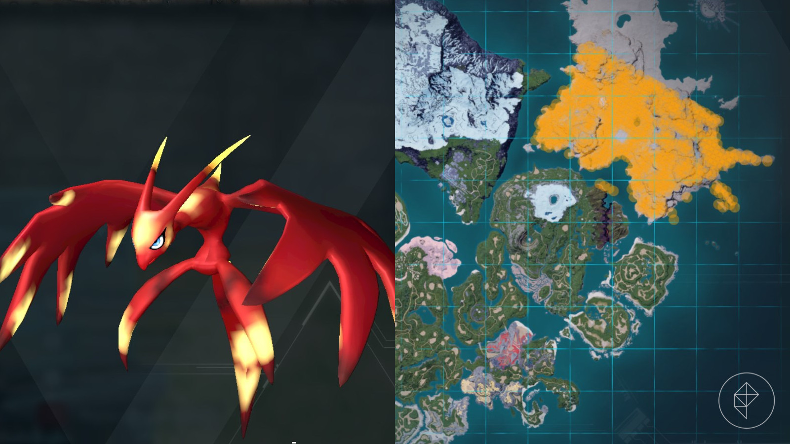 Suzaku location marked on the map of Palworld with orange dots highlighting its fiery domain.