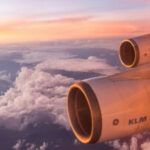Twin engines on the wing of a KLM wide-body aircraft
