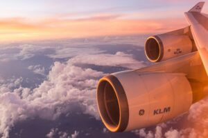 Twin engines on the wing of a KLM wide-body aircraft