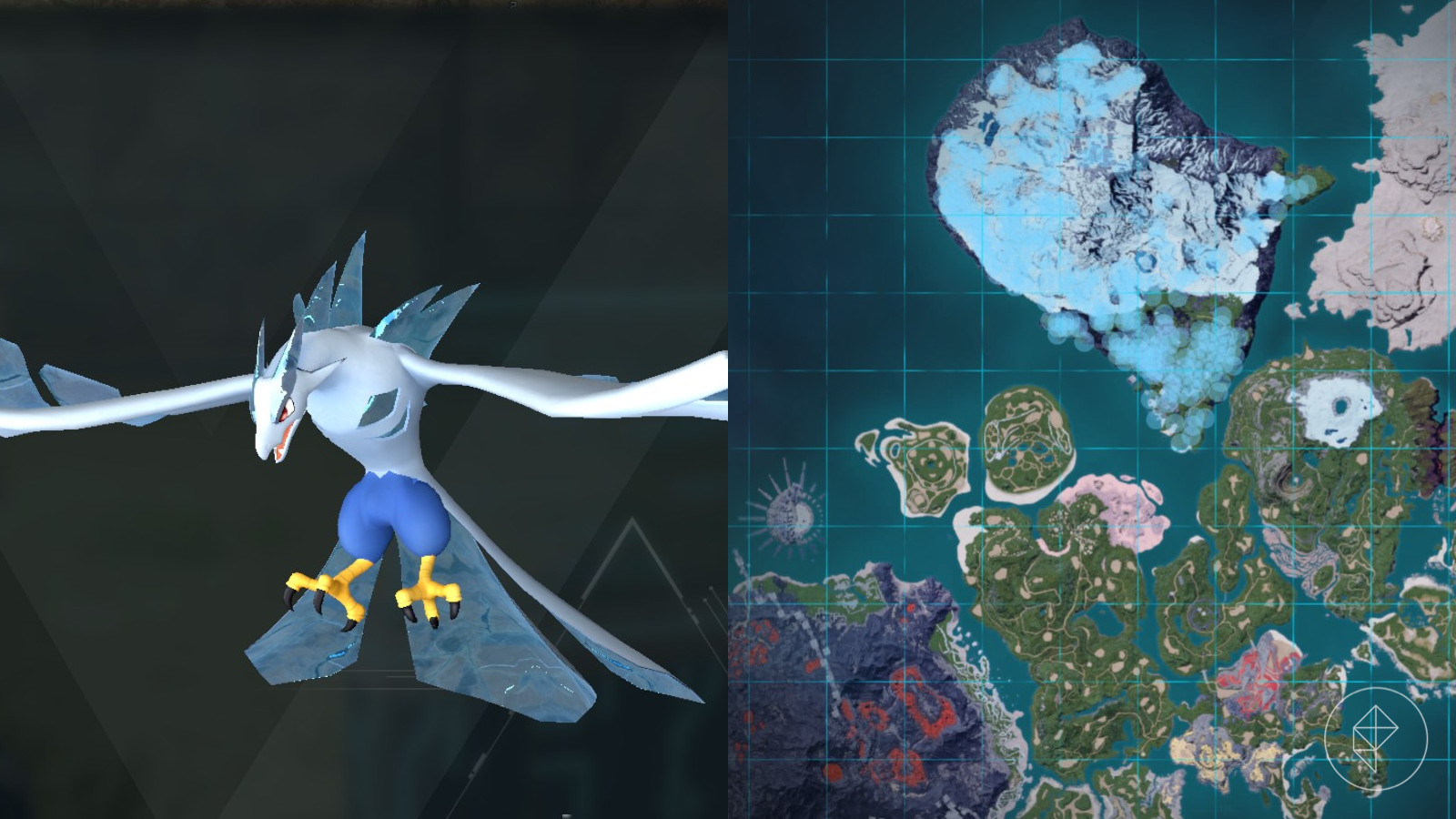 Vanwyrm Cryst location marked on the map of Palworld with light blue dots indicating common sighting areas.