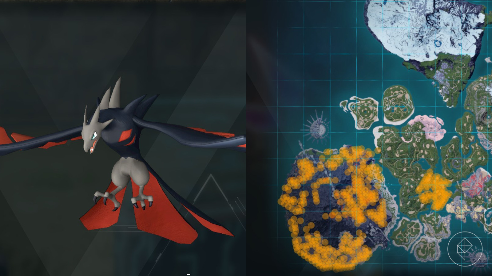 Vanwyrm location marked on the map of Palworld with orange dots, highlighting its common habitats.